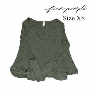 Free People We The Free Olive Green Waffle Knit Thermal V-Neck Ruffle Top XS